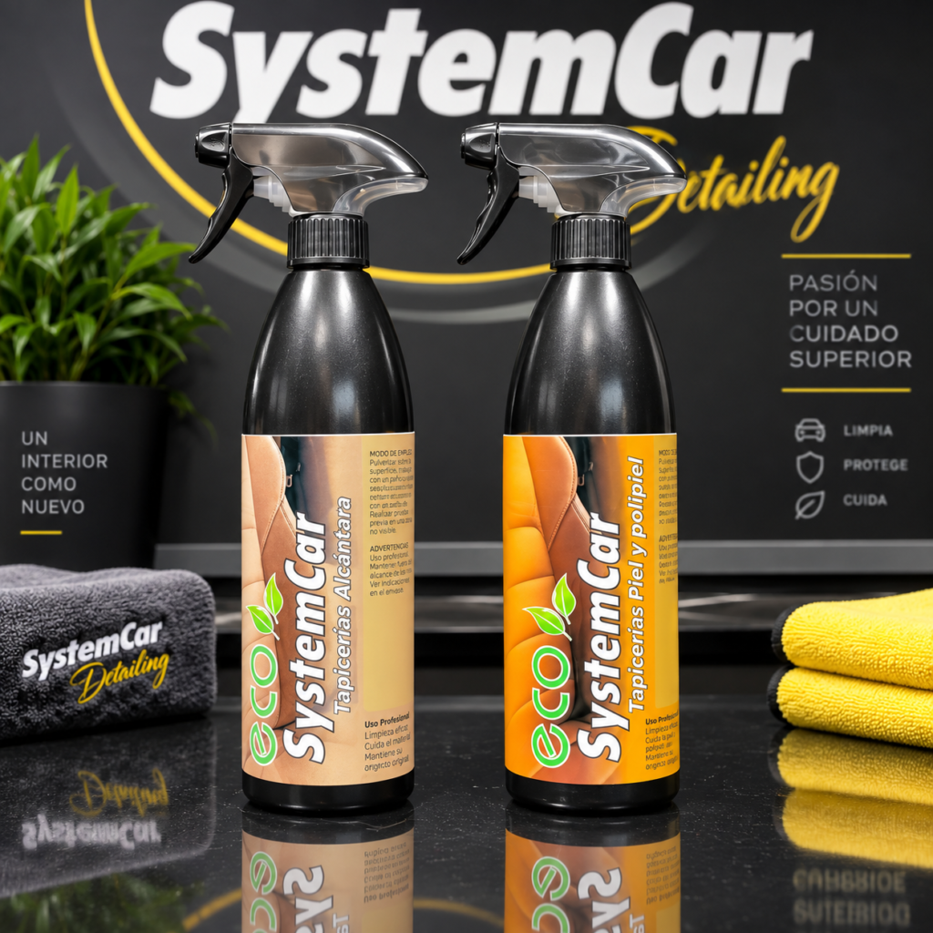 Productos eco SystemCar para limpieza de tapicerías de Alcántara, piel y polipiel del coche